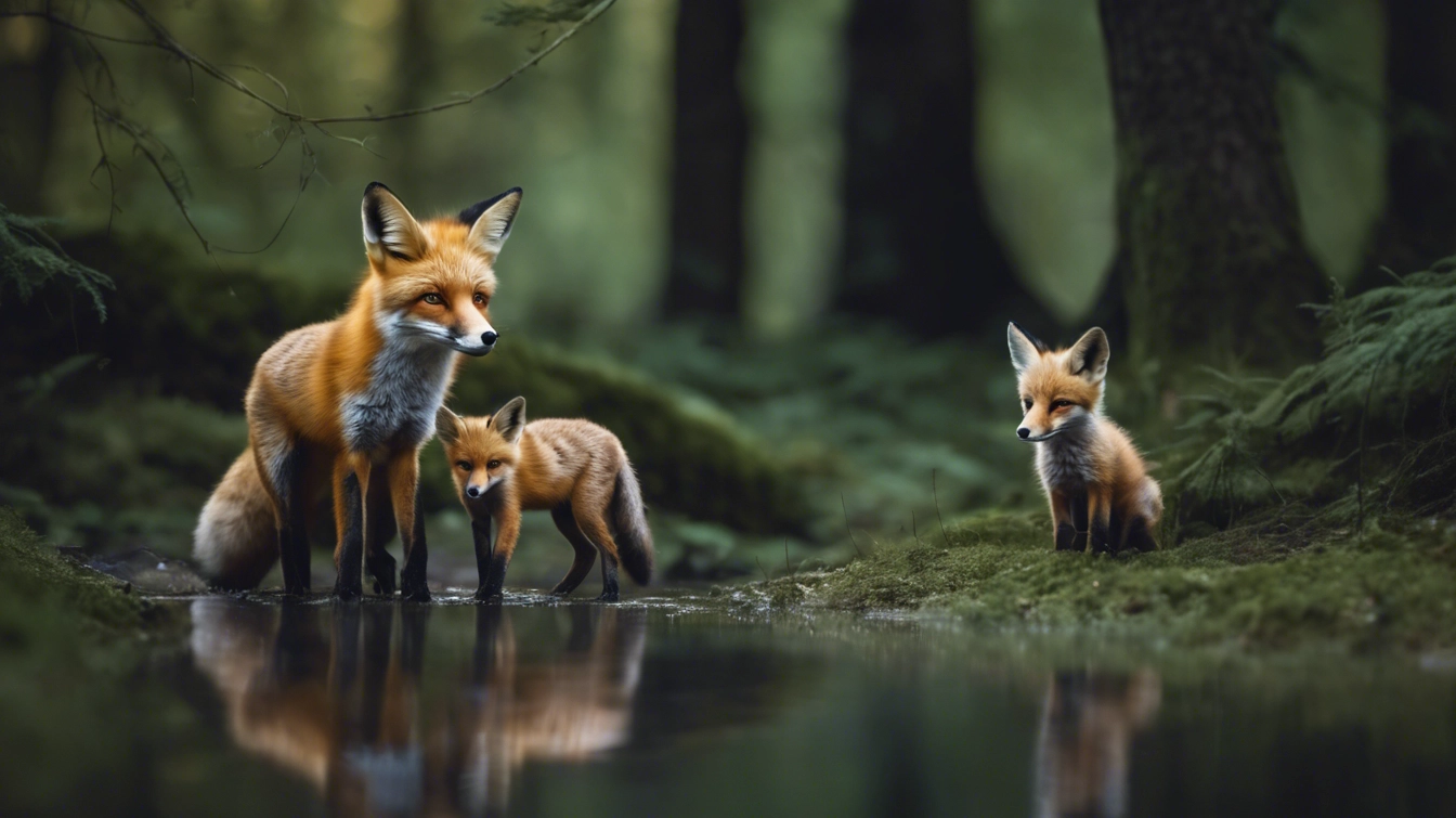 Fox mother and kits search for nutritional plants in a sterile mono-culture forest
